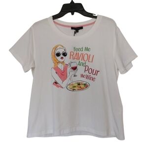 JANE DELANCEY Ravioli & Wine Trendy White Graphic Tee Casual Crewneck Tshirt Top